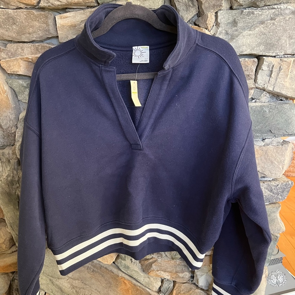 Navy Pullover with Striped Hem